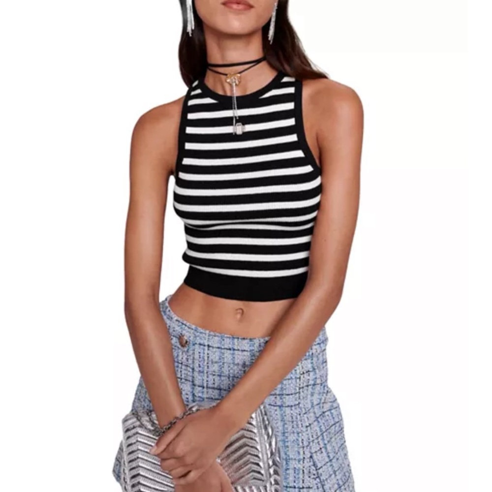 Maje Black and White Striped Ribbed Crop Tank
